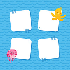 Set, collection of cute sticky notes, stickers with octopus, jellyfish  characters and water pattern background for sea life design.
