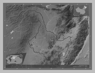 Heilongjiang, China. Grayscale. Labelled points of cities