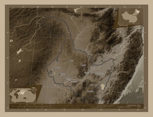 Heilongjiang, China. Sepia. Labelled points of cities