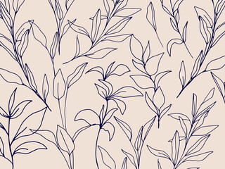 Obraz premium Hand drawn minimalist silhouette flower elements seamless pattern. Tropical plant branch for wallpaper, logo, t-shirt, invitation, print, poster, stickers, pattern, textile. Editable vector 