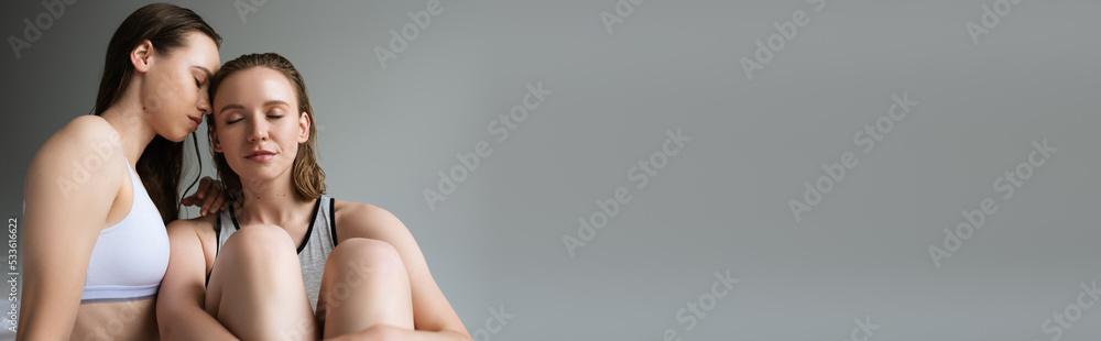 Wall mural young and sexy lesbian women in lingerie sitting with closed eyes isolated on grey, banner. - Wall murals