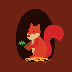 A squirrel with an acorn sits in a hollow