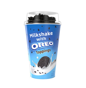 Malaga, Spain - September 26, 2022: Oreo Toppings smoothie with cookie cup 200ml. Transparent background