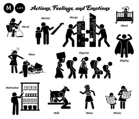 Stick figure human people man action, feelings, and emotions icons alphabet M. Mend, mentor, merge, mewl, mess, migrate, mighty, methodize, milk, mime, and mimic.