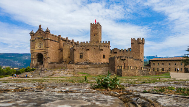 Impressive 10th century Javier castle in Spain. Air takeoff.