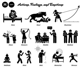 Stick figure human people man action, feelings, and emotions icons alphabet M. Mate, maul, maximize, mean, measure, meddle, mediate, meditate, meet, melt, memorize, and menace.
