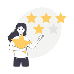 Feedback and Customer Review with Woman Character Holding Star Rating Service Vector Illustration