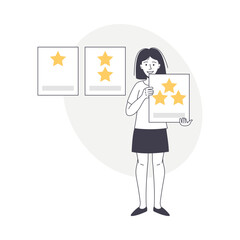 Feedback and Customer Review with Woman Character Holding Banner with Star Rating Service Vector Illustration
