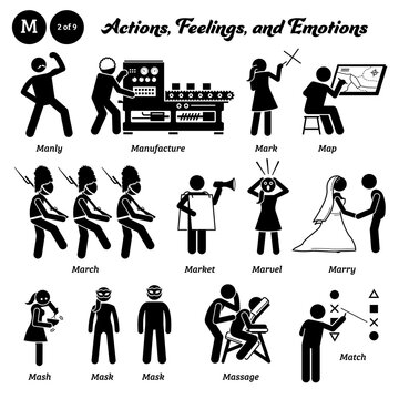 Stick figure human people man action, feelings, and emotions icons alphabet M. Manly, manufacture, mark, map, march, market, marvel, marry, mash, mask, massage, and match.