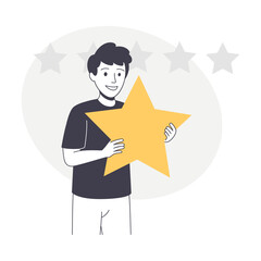 Feedback and Customer Review with Man Character Holding Star Rating Service Vector Illustration