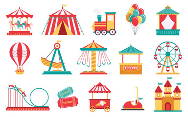 Amusement park set of elements with ferris wheel, carousel, circle tent, castle, air balloon