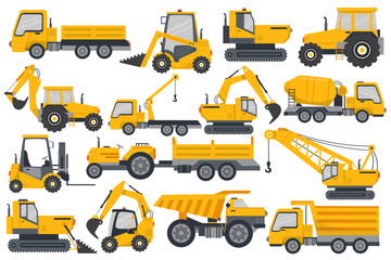 Set of construction machines equipment. Special vehicles for construction work. Forklifts, excavator
