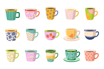 Collection of different cups decorated with design elements. Set of colored mugs filled by beverages