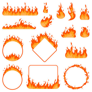 Fire flames, bright fireball, campfire heat isolated icons set. Wildfire and red hot bonfire