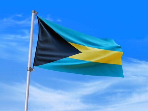 Beautiful Bahamas flag waving with sky background - 3D illustration - 3D render
