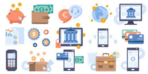 Online banking and mobile payment set of elements for business, finance and modern technology