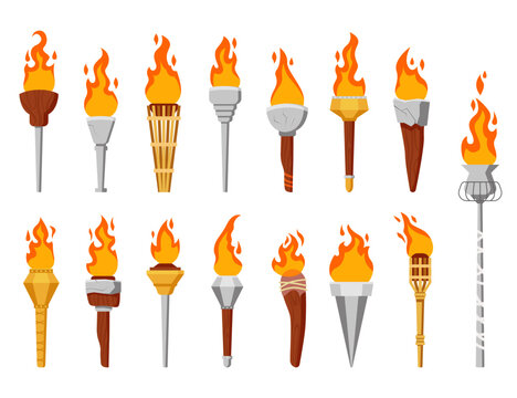 Medieval torches with burning fire set. Metal and wooden brands of different shapes with flame