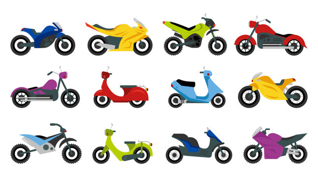 Motorbike set. Motorcycles and scooters, bikes and choppers. Speed race retro and modern vehicles