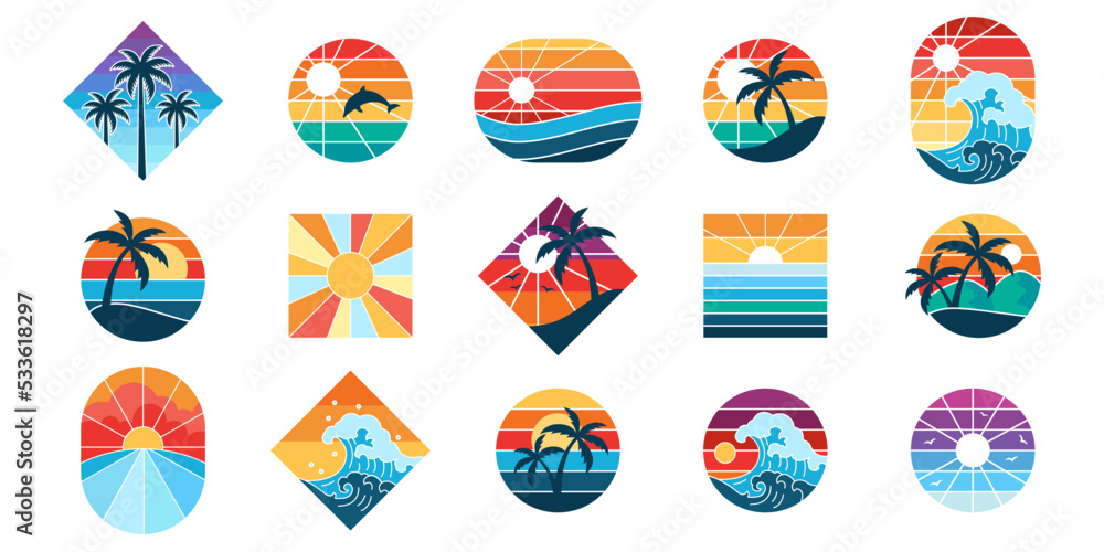 Poster set of retro sunsets in 80s and 90s style. abstract sun at beach background with sunny gradient - Posters