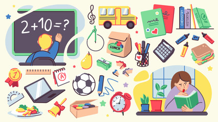 Cartoon school elements set. Yellow bus, chalkboard, pupil learn, books, laptop, textbook, lunch box