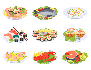 Plates with seafood set. Collection of dishes from fish or shrimp, cooked crab, salmon and salad