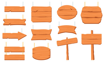 Wooden signs and boards set. Rough rustic planks, signboards hanging on ropes chains, bar and saloon