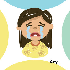 feeling flashcard for toddlers. Set of children express the feelings. English adjective words. Vector illustration.