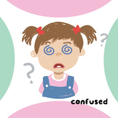 feeling flashcard for toddlers. Set of children express the feelings. English adjective words. Vector illustration.