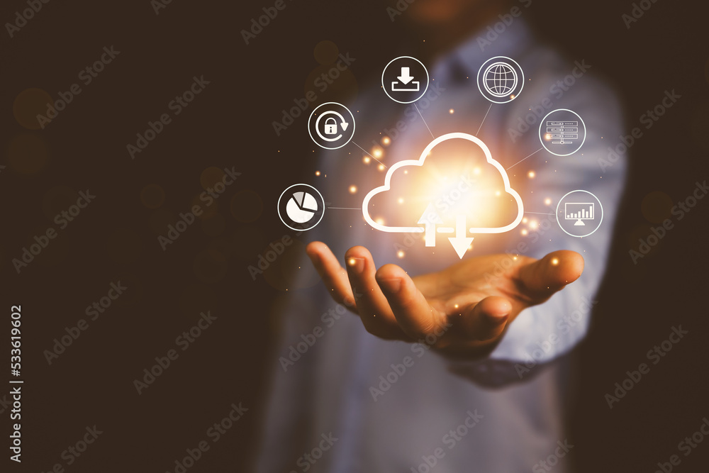 Poster businessman's hands showing a diagram of cloud computing information technology icon.