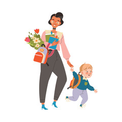 Young Teacher with Boy First Grader with Backpack Walking to School Vector Illustration