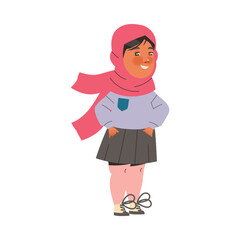 Muslim Girl First Grader Standing with Hands in Pocket and Smiling Vector Illustration
