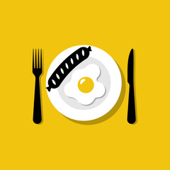 Eat an egg and sausage. Eggs on a plate. Fork and knife on table. Healthy protein food. Omelet for breakfast. Organic food. Vector illustration flat design. Isolated on background.