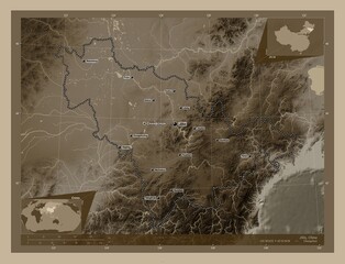 Jilin, China. Sepia. Labelled points of cities