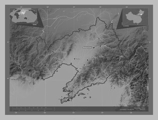 Liaoning, China. Grayscale. Labelled points of cities