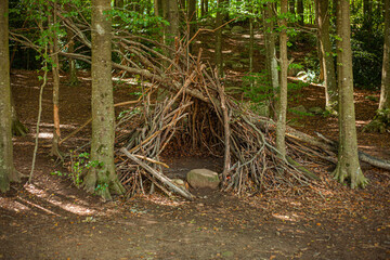 cabin in a forest made with sticks