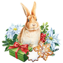 Cute Bunny watercolor drawing. Holiday compositions, baby animal