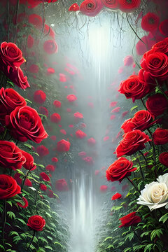beautiful and terrifying painting of the reaper's garden with red roses and fog in the foreground - poster style - illustration