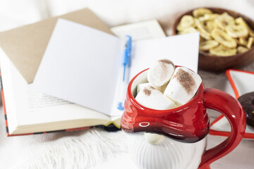 New Year's Eve background, Santa Claus mug with marshmallows, Christmas cookies, open book	