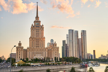 Fototapeta na wymiar Moscow, Russia - 30.07.2022: View of the Ukraine Hotel and the Moscow City business center. Architecture of Moscow