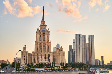 Fototapeta na wymiar Moscow, Russia - 30.07.2022: View of the Ukraine Hotel and the Moscow City business center. Architecture of Moscow