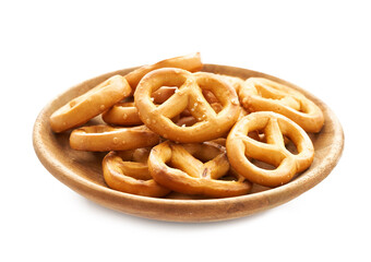 mini salted pretzel in wood plate isolated on white background. group of pretzel. mini pretzel snack isolated                                                                                  