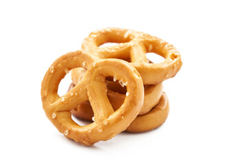 mini salted pretzel isolated on white background. group of pretzel. mini pretzel snack isolated                                                                              