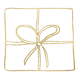 Christmas hand drawn present with a bow, golden outlines. Holidays design Illustration