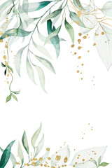 Background borders made of green watercolor eucalyptus leaves, wedding illustration