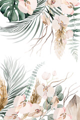 Boho Wedding Watercolor borders with beige and teal green tropical leaves and orchid flowers illustration