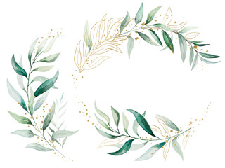 Geometric golden bouquets made of green watercolor eucalyptus leaves, wedding illustration