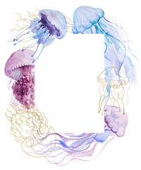 Frame with Watercolor Golden, pink and light purple jellyfishes, nautical sea wedding Illustration