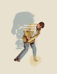 Contemporary art collage. Young man in yellow jacket playing saxophone. Pastel art. Expressive...