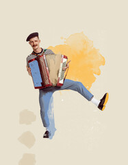 Contemporary art collage. Cheerful young boy playing accordion. Countryside style, performance....