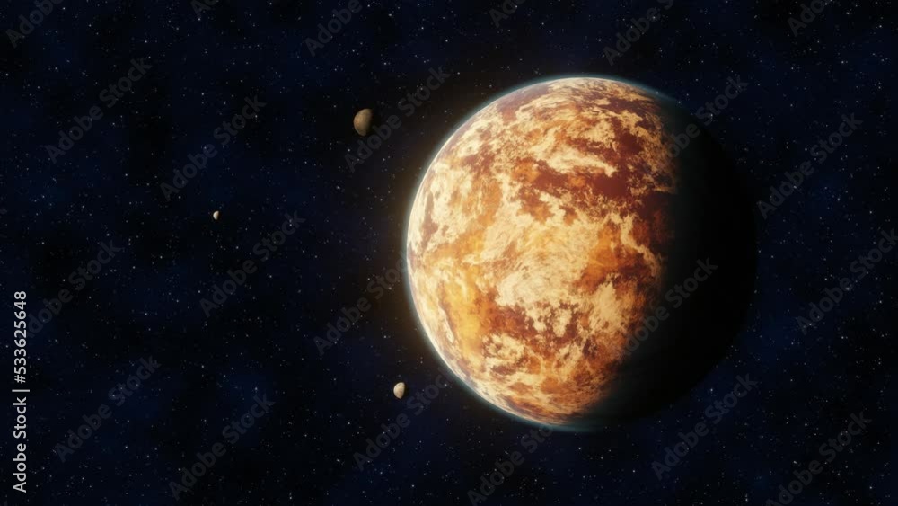 Wall mural view of an unknown science fiction desert planet in reddish tone in space with three small satellite